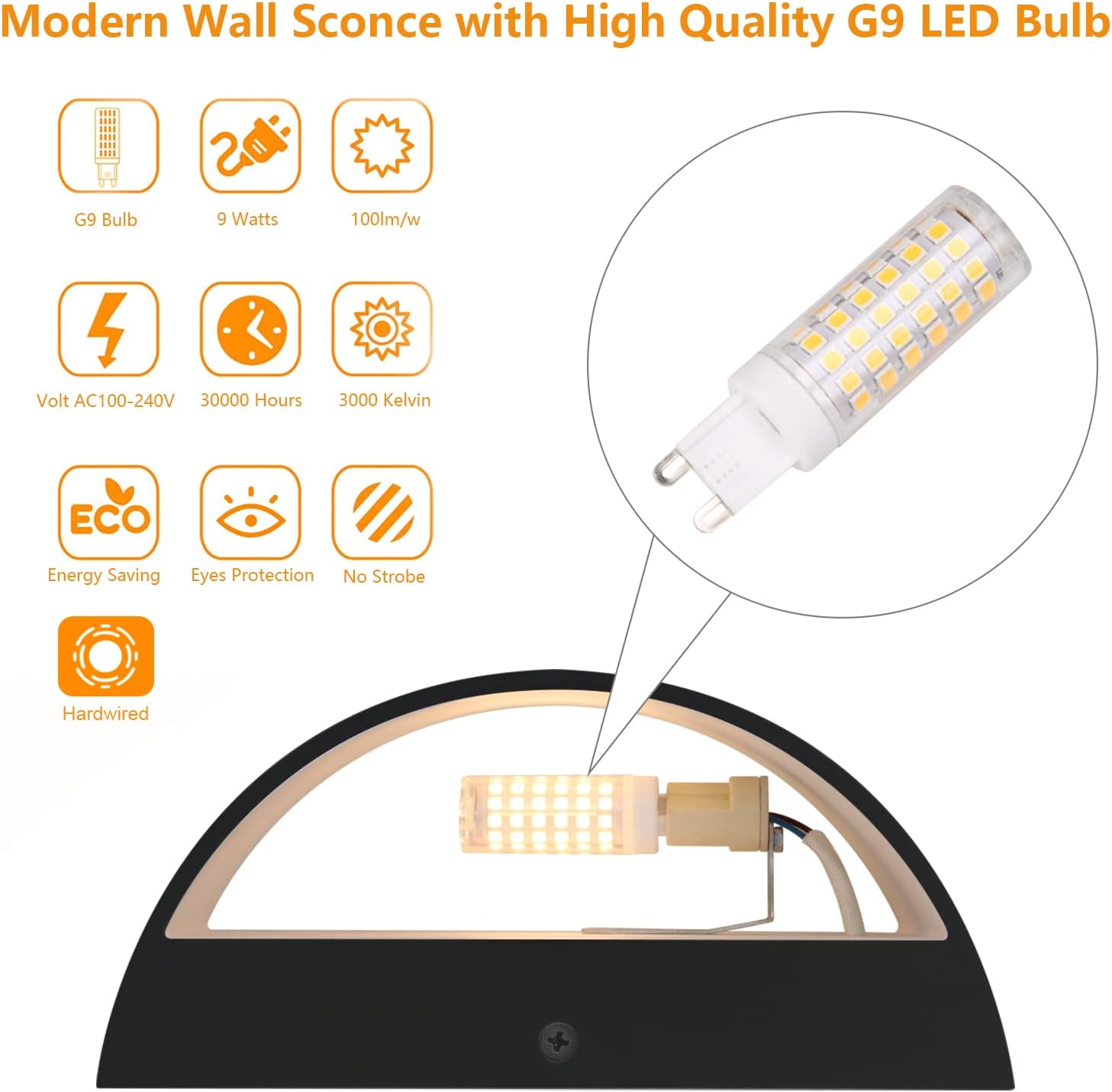 Aipsun Black Modern LED Wall Sconce Hardwired Indoor Wall Lights Set of 2 Up and Down Wall Mount Light for Living Room Bedroom Hallway Corridor Conservatory Warm White 3000K(with G9 Bulbs) - Image 3