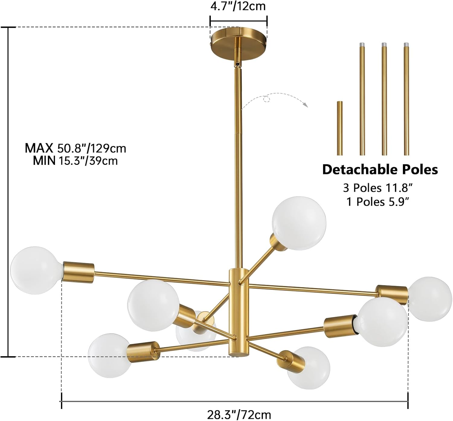 RUIYEY Modern Sputnik Chandeliers Light, 8-Light Gold Dining Room Chandelier Over Table, E26 Mid Century Ceiling Light Fixtures Height Adjustable Hanging Pendant Lighting for Entryway Foyer - Image 2