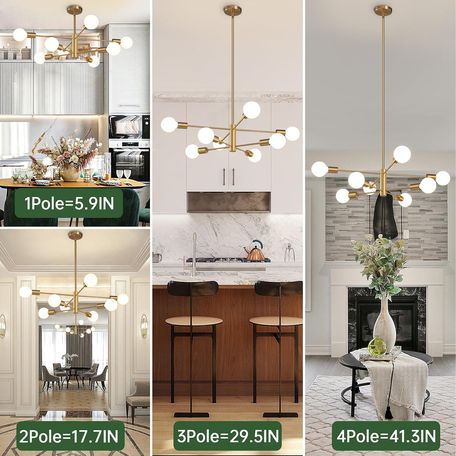 RUIYEY Modern Sputnik Chandeliers Light, 8-Light Gold Dining Room Chandelier Over Table, E26 Mid Century Ceiling Light Fixtures Height Adjustable Hanging Pendant Lighting for Entryway Foyer - Image 3