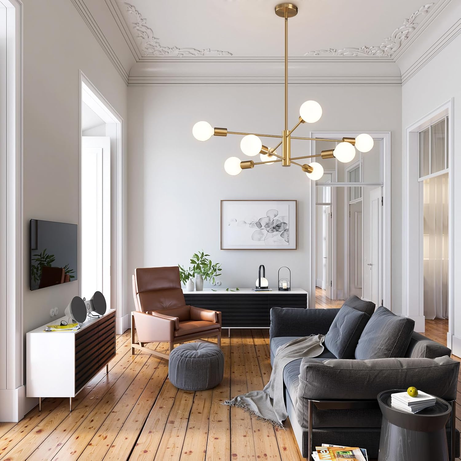 RUIYEY Modern Sputnik Chandeliers Light, 8-Light Gold Dining Room Chandelier Over Table, E26 Mid Century Ceiling Light Fixtures Height Adjustable Hanging Pendant Lighting for Entryway Foyer - Image 5