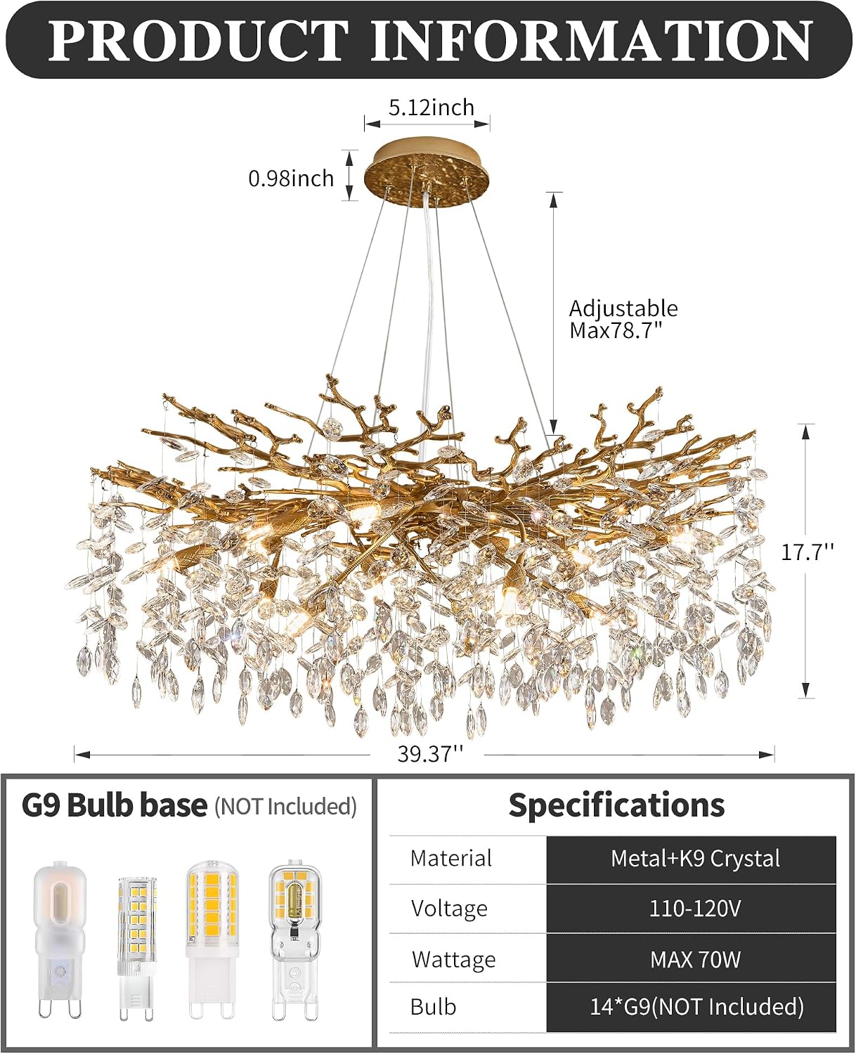 Modern Tree Branch Crystal Chandelier Luxury Gold Crystal Pendant Lighting 40" Contemporary 14-Light Chandeliers for Dining Room Kitchen Bedroom Living Room - Image 6