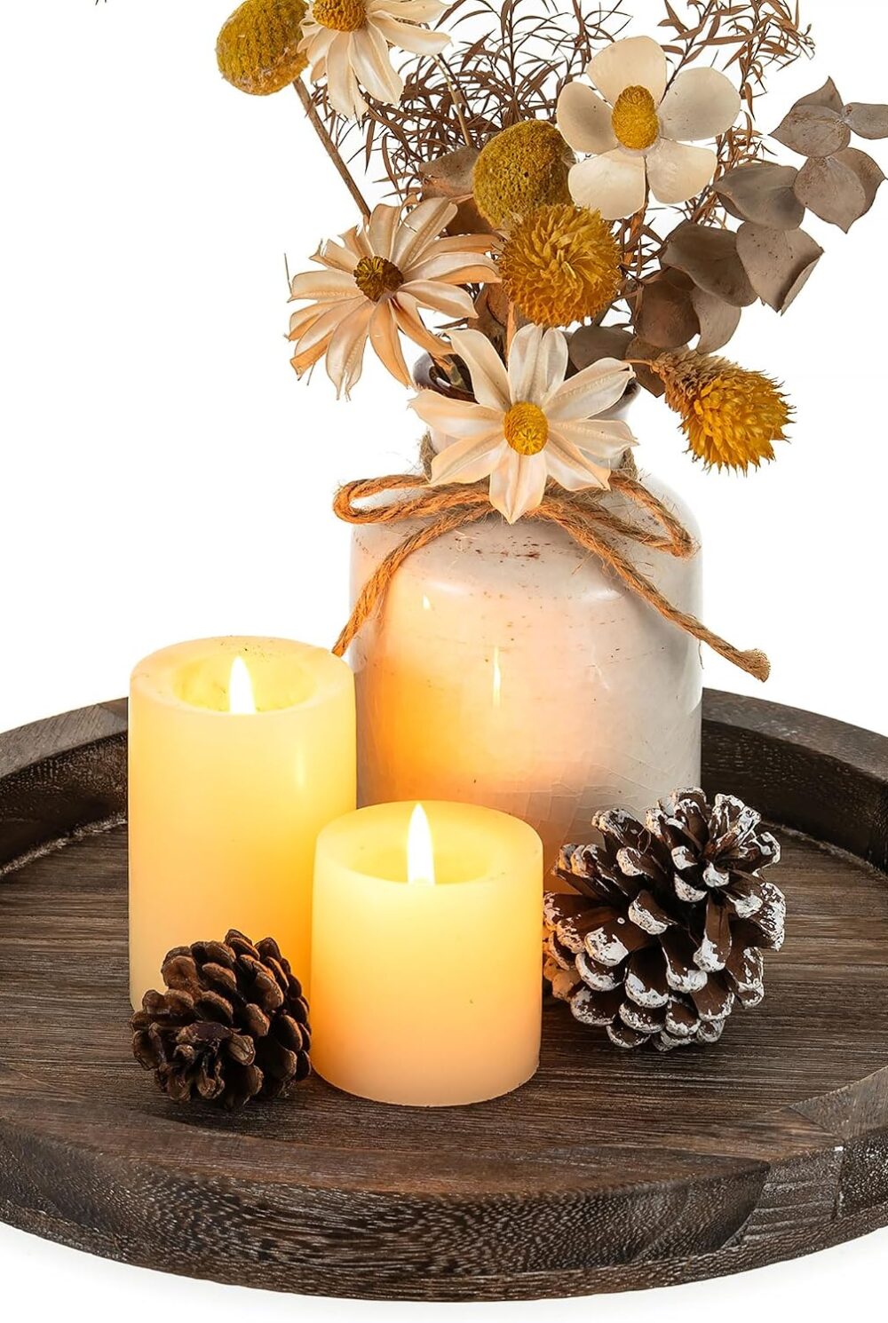 Hanobe Wooden Tray for Coffee Table, Decorative Round Candle Holder Plate