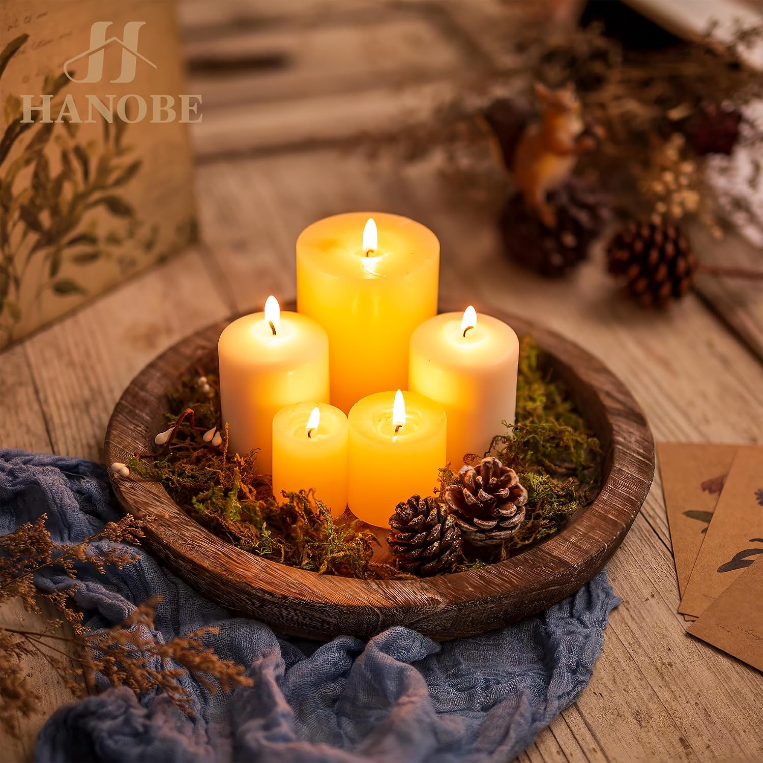 Hanobe Wooden Tray for Coffee Table, Decorative Round Candle Holder Plate - Image 2
