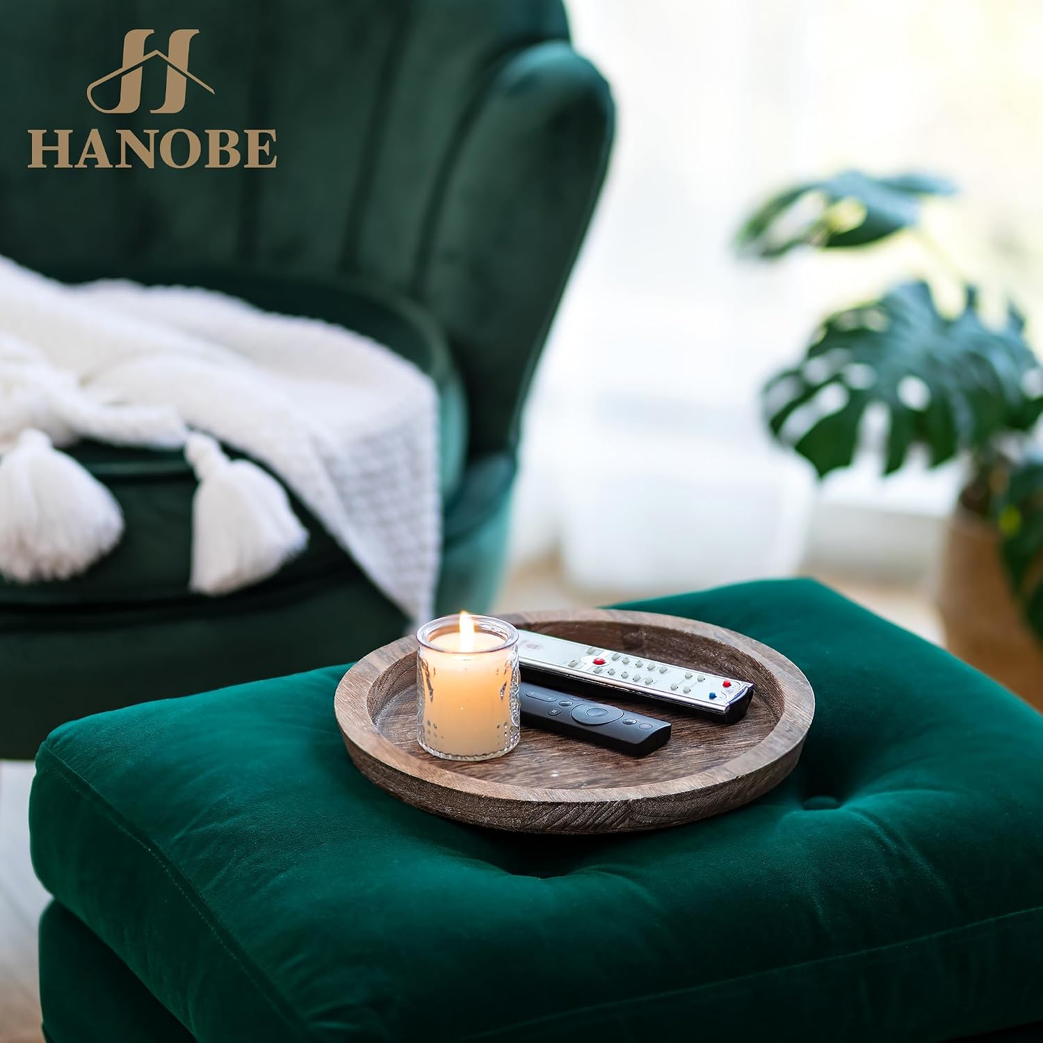 Hanobe Wooden Tray for Coffee Table, Decorative Round Candle Holder Plate - Image 8
