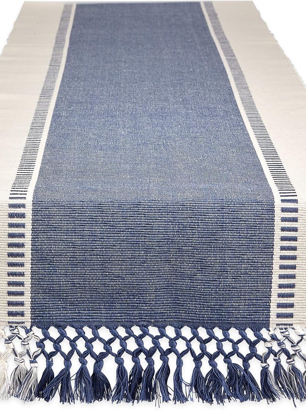 DII Dobby Stripe Table Runner, 13x72, French Blue & Cream Background