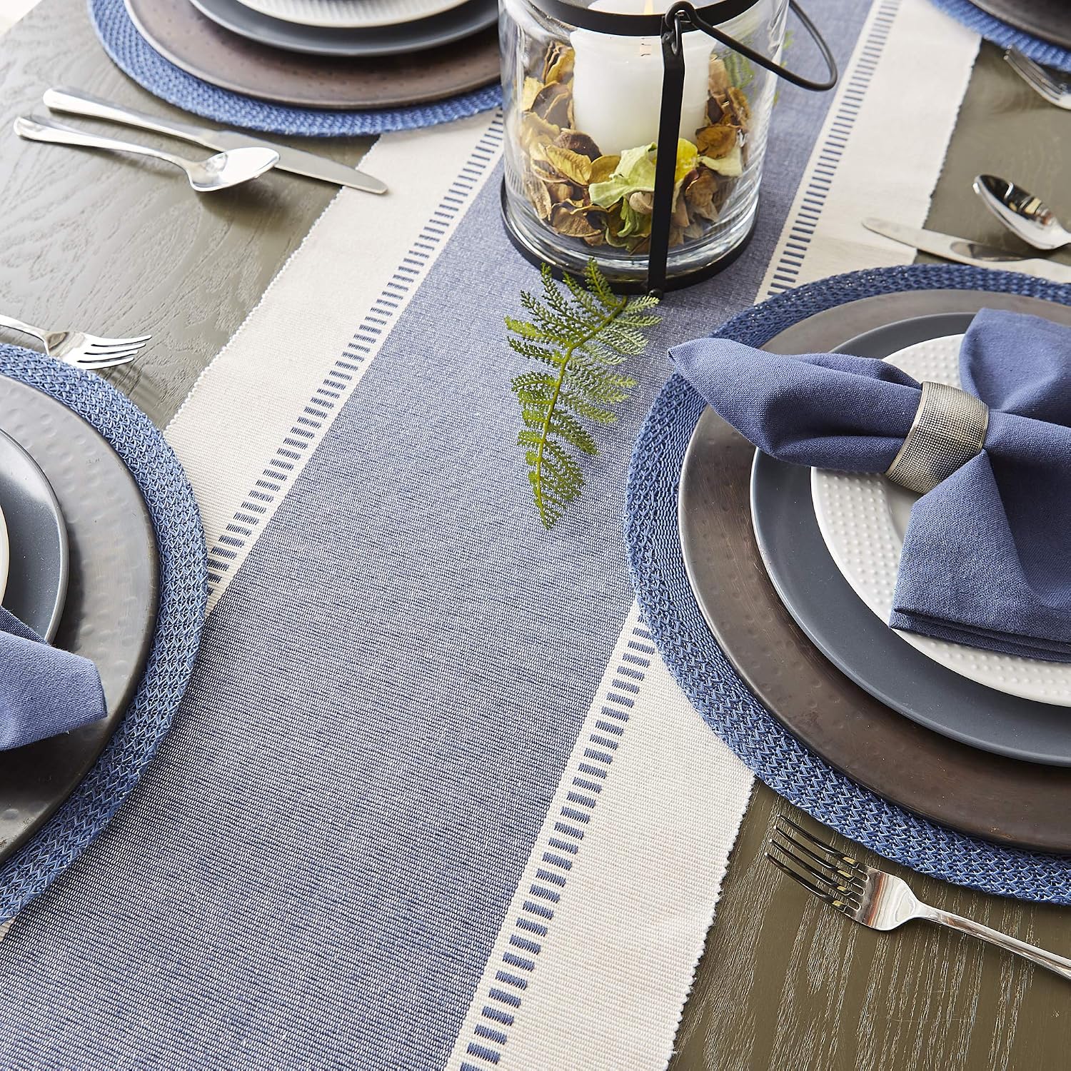 DII Dobby Stripe Table Runner, 13x72, French Blue & Cream Background - Image 4
