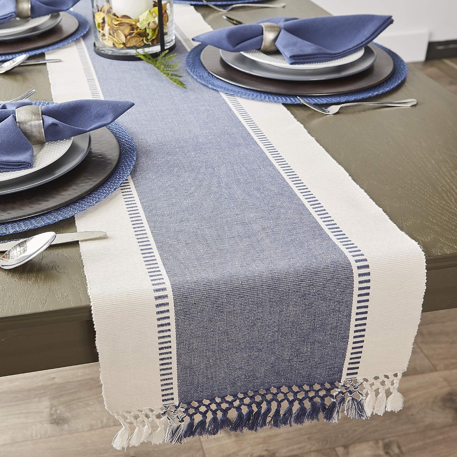 DII Dobby Stripe Table Runner, 13x72, French Blue & Cream Background - Image 5