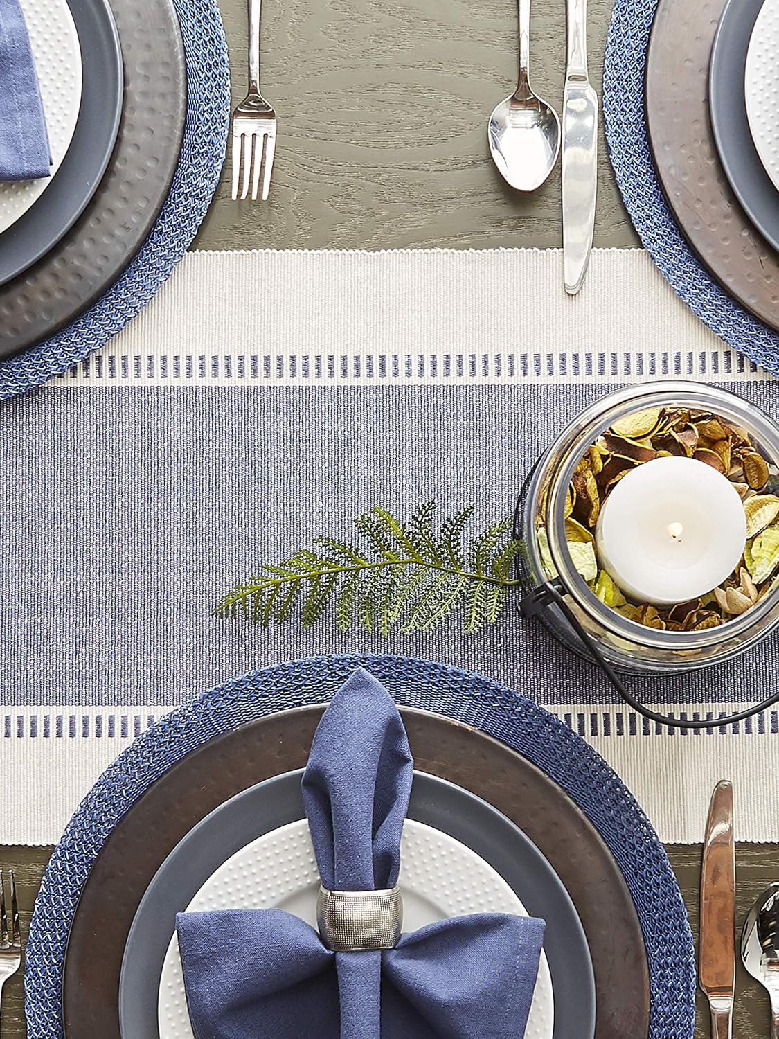 DII Dobby Stripe Table Runner, 13x72, French Blue & Cream Background - Image 6