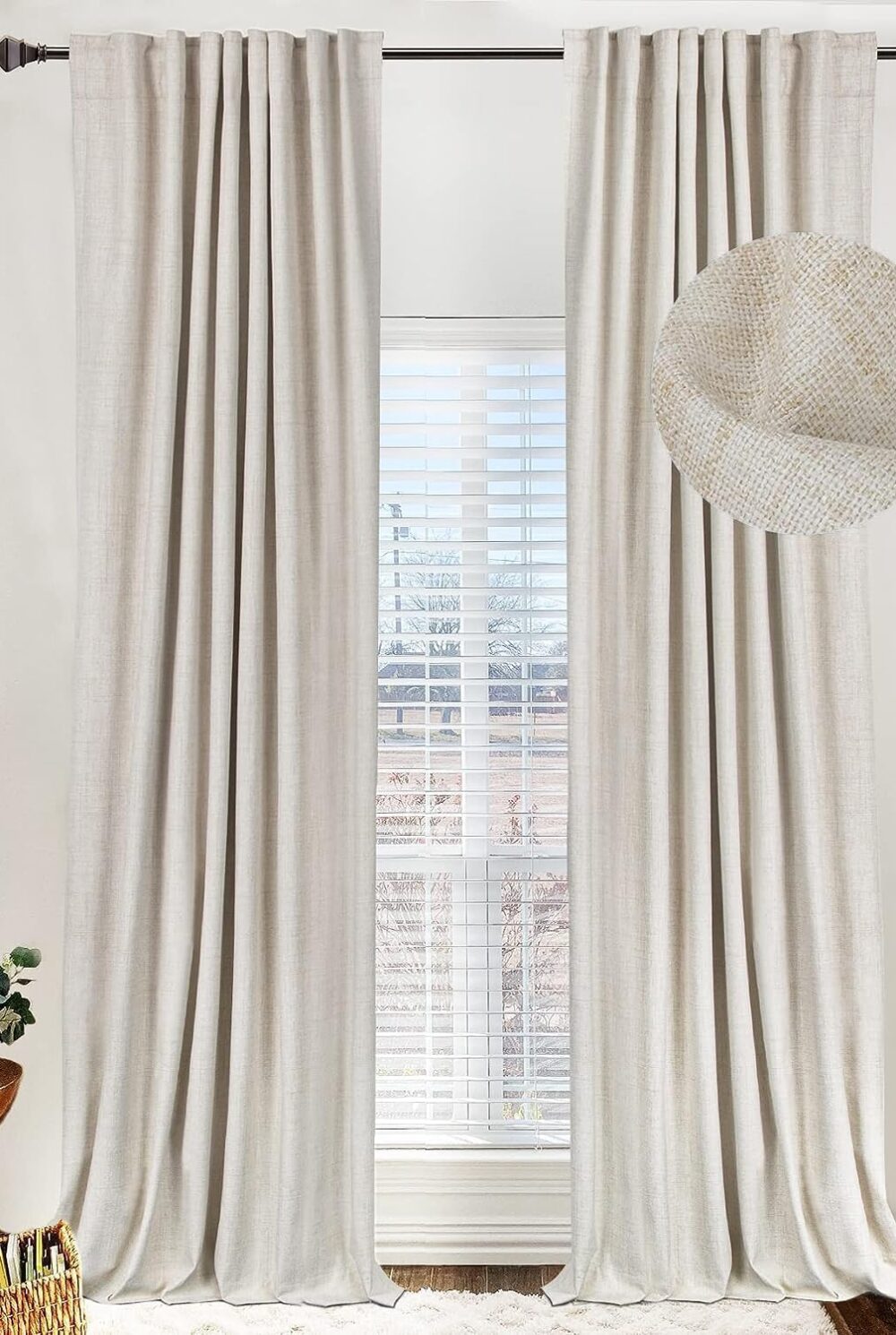Linen Total Blackout Curtains for Bedroom Living Room 102 Inch, Cream